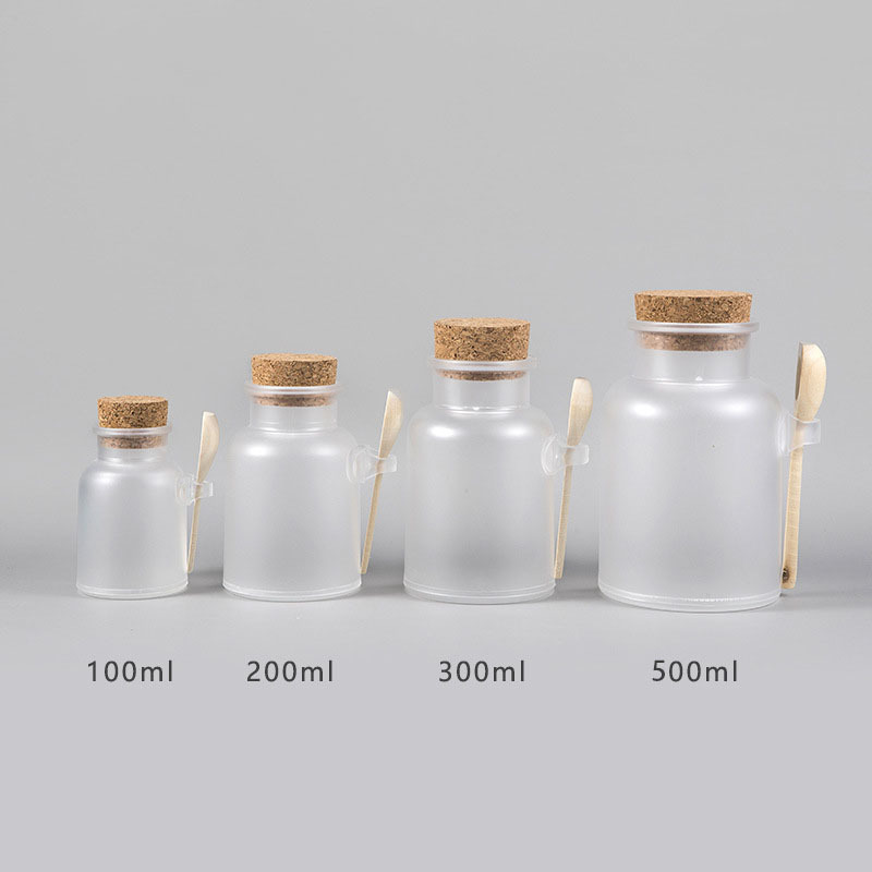 ABS Bath Salt Bottle 300g 500g Cosmetic Cream Frosted Plastic Bottles Cork Lid Bottle with Woodon Spoon