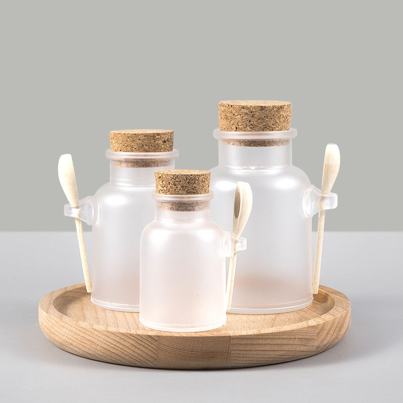 ABS Bath Salt Bottle 300g 500g Cosmetic Cream Frosted Plastic Bottles Cork Lid Bottle with Woodon Spoon