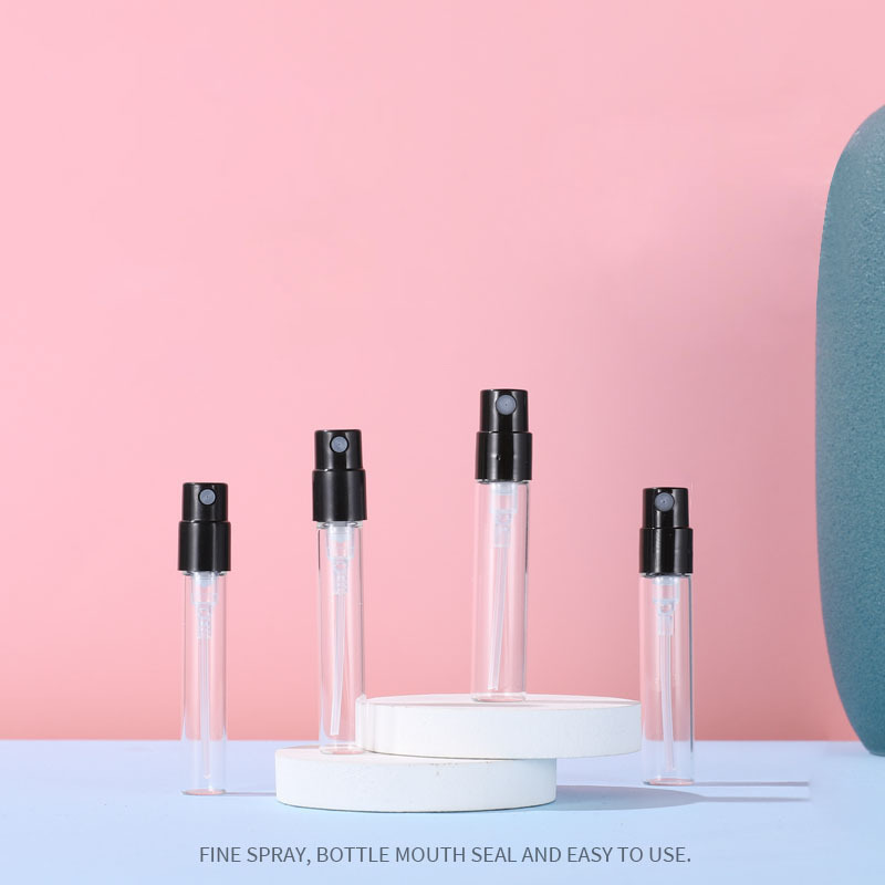 Low MOQ clear 1.8ml 2.5ml Pump Spray Bottle with Black Lid Perfume Glass Bottle Spray Mini Spray Bottles