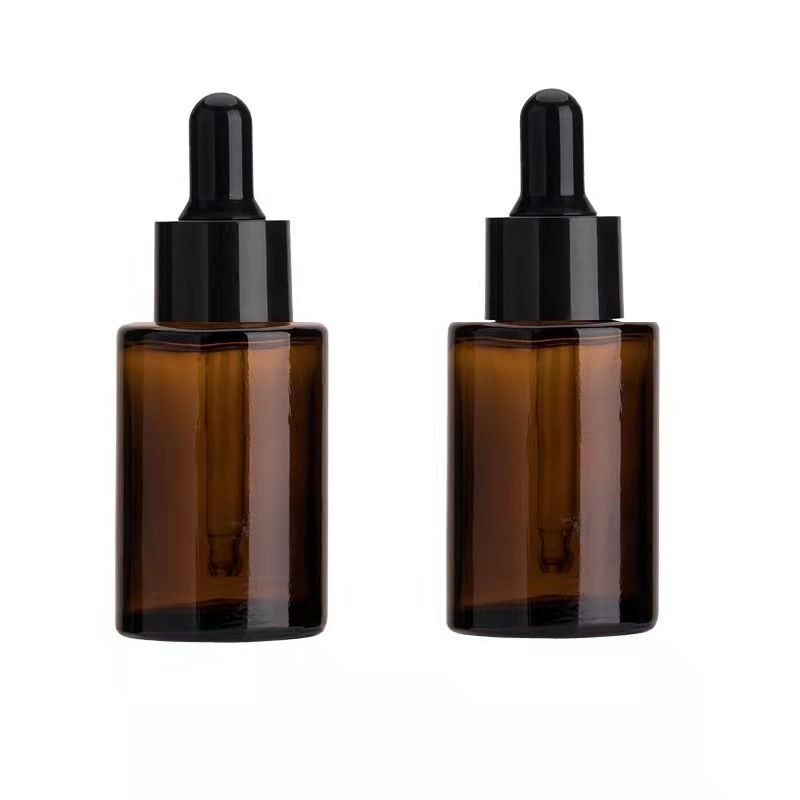 Hot Selling 30ml Empty Amber Flat Shoulder Essential Oil Glass Dropper Bottle with Black Cap