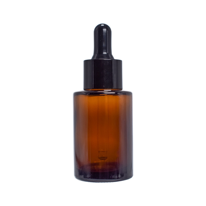 Hot Selling 30ml Empty Amber Flat Shoulder Essential Oil Glass Dropper Bottle with Black Cap