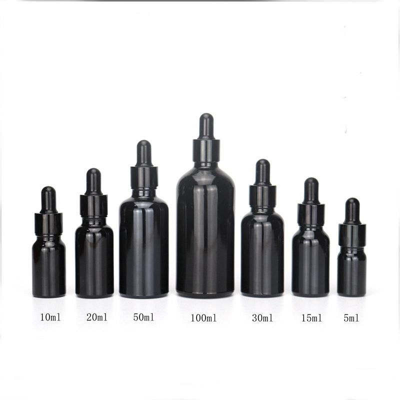 High Quality Empty Refillable Black Glass Essential Oil Dropper Bottle Cylinder Sizes 5ml 10ml 15ml 50ml for Skin Care Serum