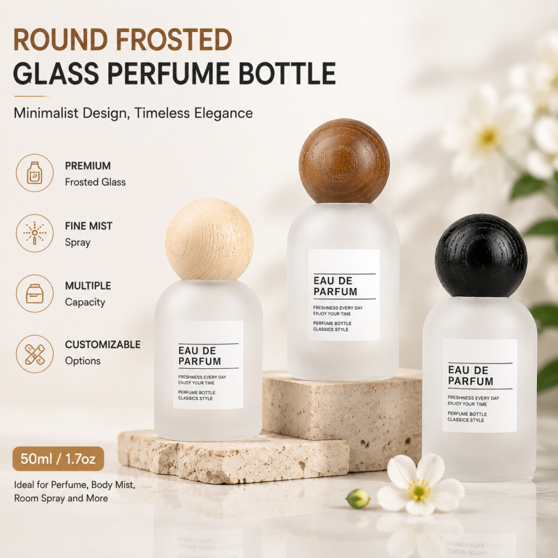 Custom 50ml Round Shape Empty Frosted Glass Perfume Bottle with Crimp Mist Spray