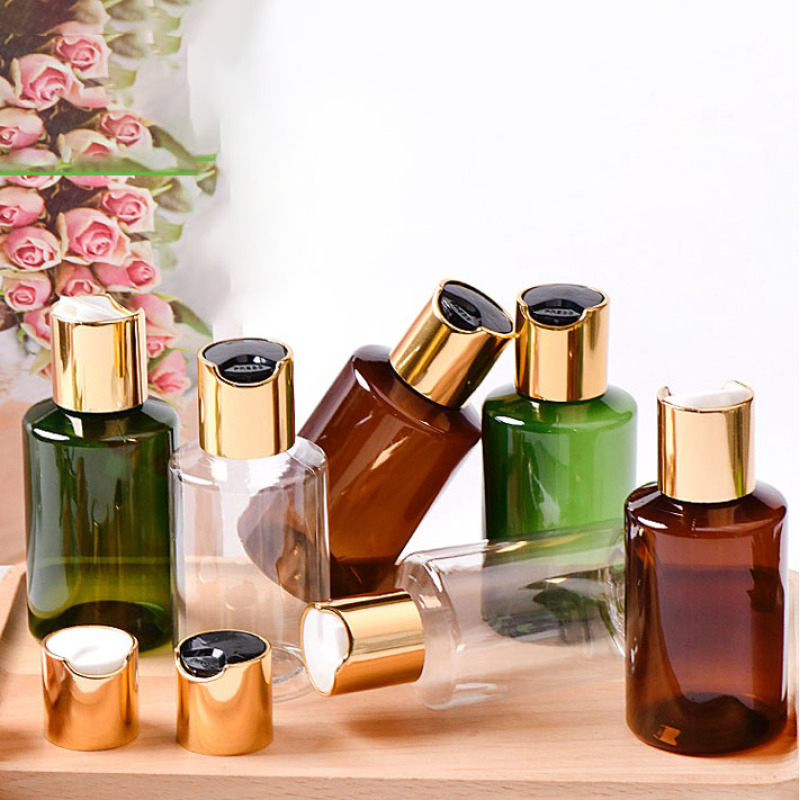 100ml Oblique Shoulder PET Plastic Bottle with Electroplated Disk Cap and Pump for Lotion Cosmetic Liquid Multiple Colors