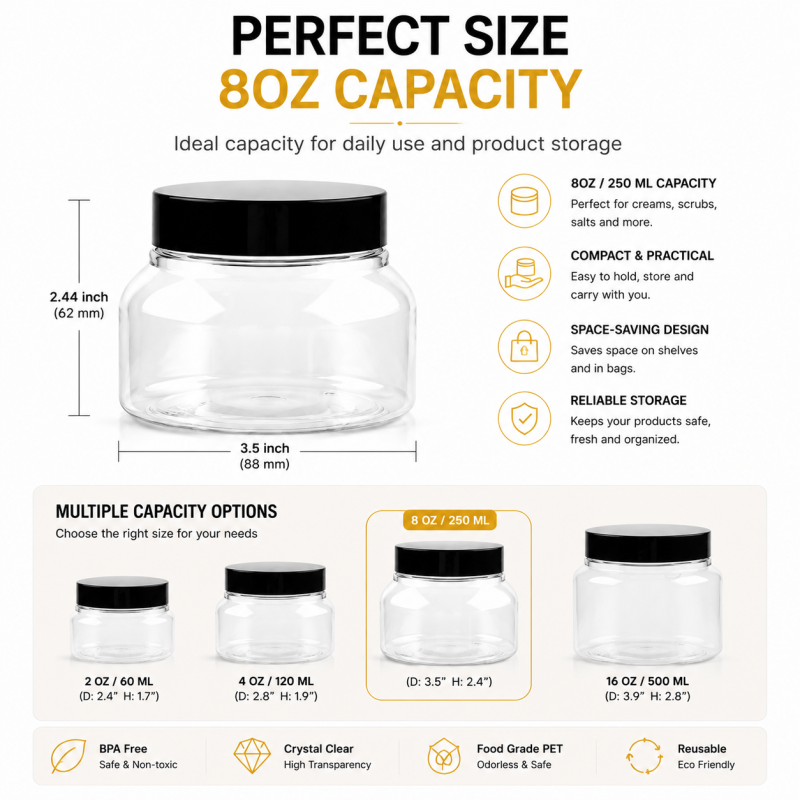 Wholesale Body Scrub Jars clear Empty 8oz 250 ml Pet Plastic Jars Container With Lids for Cosmetics