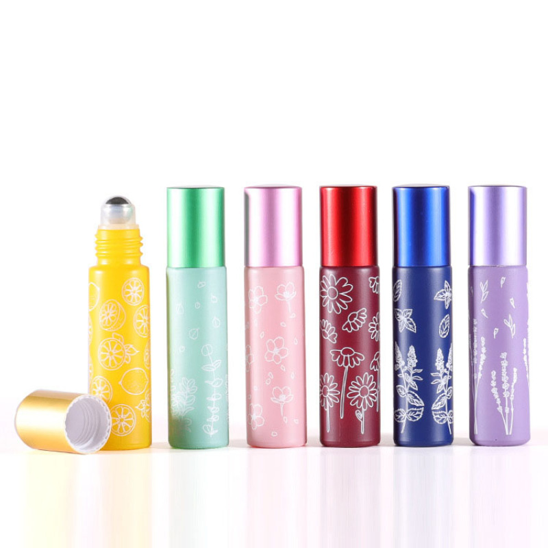 Fancy Pattern Printed Cosmetic Perfume 10 ml Printed Red Yellow Green Blue Glass Roller Bottles with Aluminum Cap