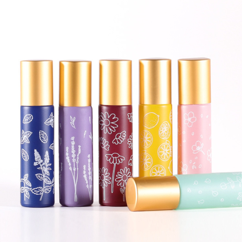 Fancy Pattern Printed Cosmetic Perfume 10 ml Printed Red Yellow Green Blue Glass Roller Bottles with Aluminum Cap