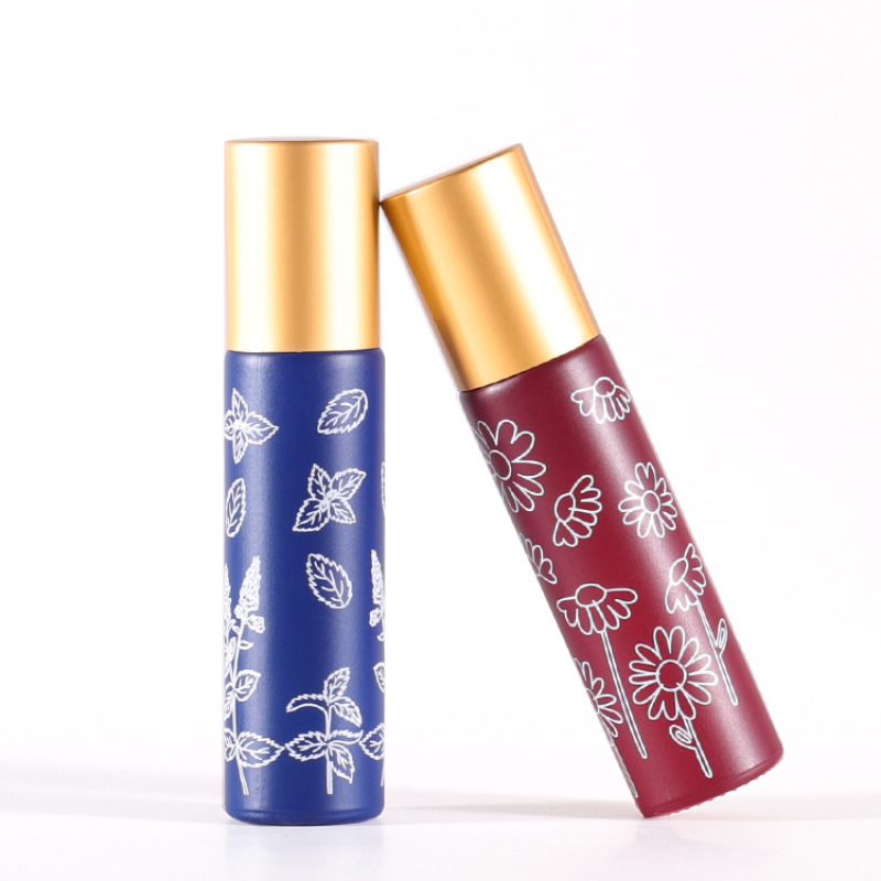 Fancy Pattern Printed Cosmetic Perfume 10 ml Printed Red Yellow Green Blue Glass Roller Bottles with Aluminum Cap