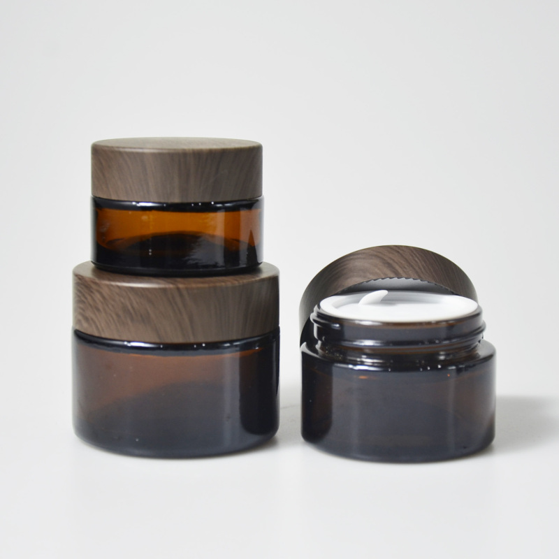 Amber Glass Jar Brown Color Empty Cream Jars Amber Glass Cosmetic Jars Night Cream Jar with Bamboo Color Lids