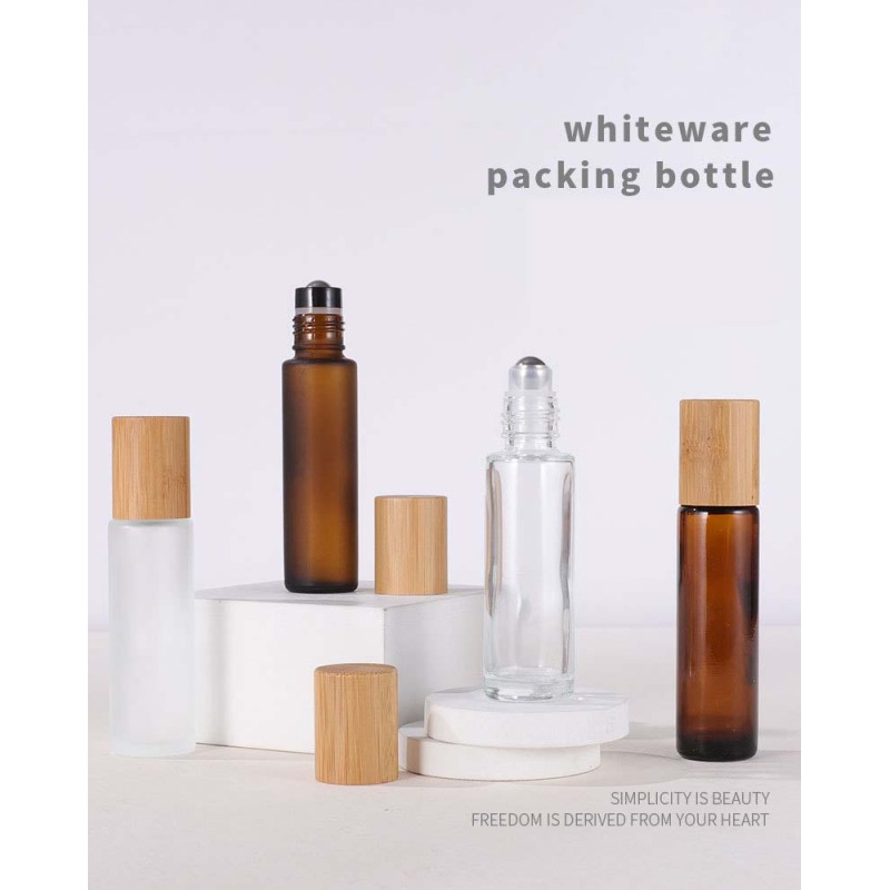 New Type Round Amber Clear Frosted Matte Amber Glass Essential Oils 10ml 15 ml Roll on Bottle With Bamboo Lid