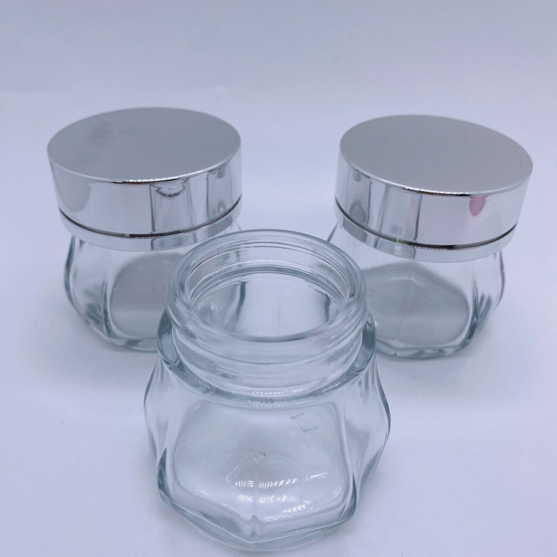 Customized Octagonal clear Body Cream Jar 100ml Big Jar Glass Container with Silver pink Cap