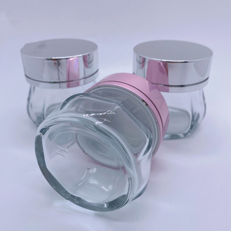Customized Octagonal clear Body Cream Jar 100ml Big Jar Glass Container with Silver pink Cap