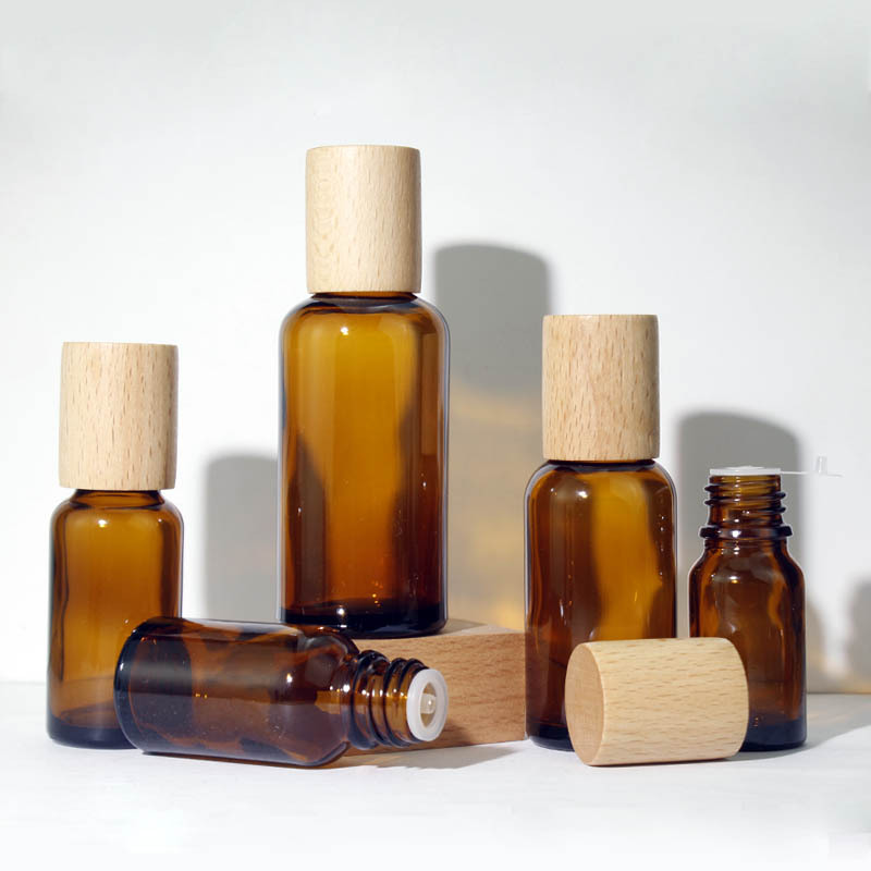 Limited Offer 10ml 100ml Brown Glass Essential Oil Bottles with Wood Cap Pump Sprayer Refillable Aromatherapy Serums Containers