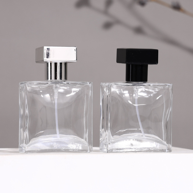 Custom Flat square Transparent Glass Perfume Bottle 30ml Gold Silver Black Sprayer with Luxury square Cap