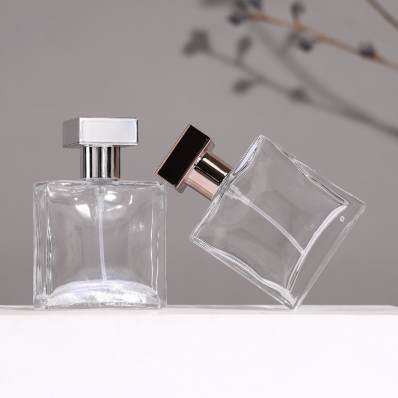Custom Flat square Transparent Glass Perfume Bottle 30ml Gold Silver Black Sprayer with Luxury square Cap
