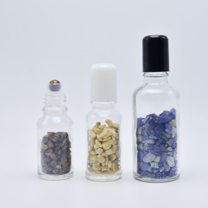 Clear 50ml Essential Oil Roll-on Perfume Bottle Glass Deodorant Vial with Colorful Stones MOQ 100pcs