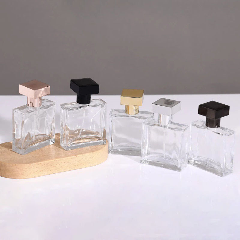 Flat square Transparent Crimp Neck Glass Perfume Bottle 30ml Gold Silver Black Pump with square Metallic Cap