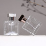 Flat square Transparent Crimp Neck Glass Perfume Bottle 30ml Gold Silver Black Pump with square Metallic Cap