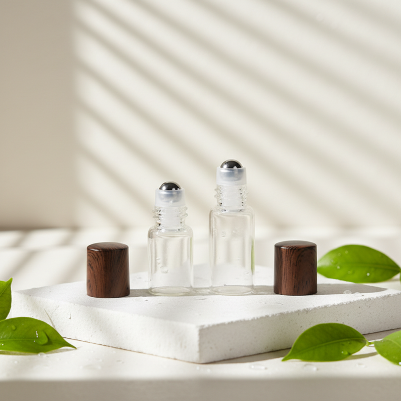 Private Label 1ml 5ml Glass Rollerball Bottle Custom Wood Grain Cap Skincare Packaging Bottle for Eye Serum Brands