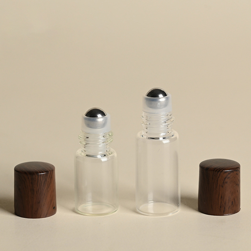 Private Label 1ml 5ml Glass Rollerball Bottle Custom Wood Grain Cap Skincare Packaging Bottle for Eye Serum Brands