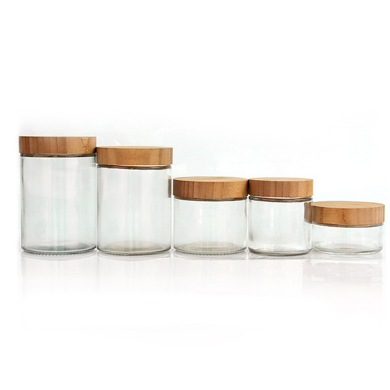 Clear Round Big Capacity Glass Cosmetic Jars for Cream with Bamboo Lid