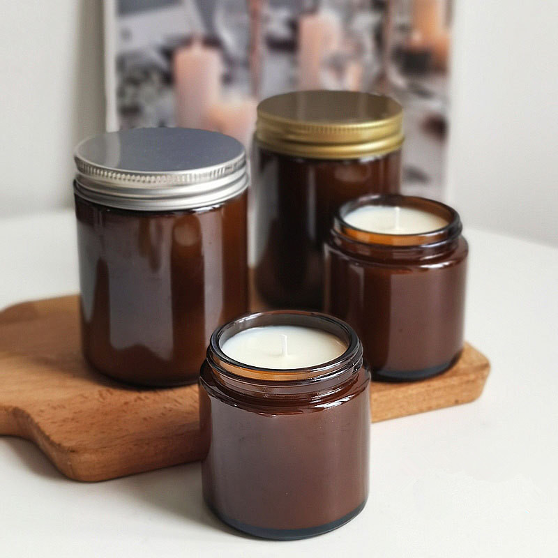 High-end Empty 100ml 250ml Candle Jars Amber Glass Jars with Silver Golden Black Aluminum Lids