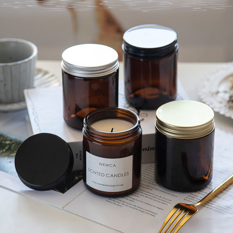 High-end Empty 100ml 250ml Candle Jars Amber Glass Jars with Silver Golden Black Aluminum Lids
