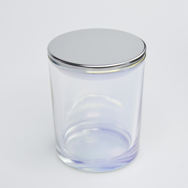 Wholesale Luxury Electroplate Glass Candle Jars with Matel Lid Round Empty Rainbow Color Candle Containers