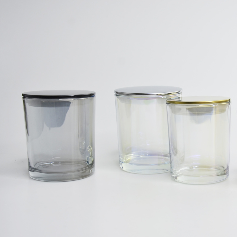 Wholesale Luxury Electroplate Glass Candle Jars with Matel Lid Round Empty Rainbow Color Candle Containers