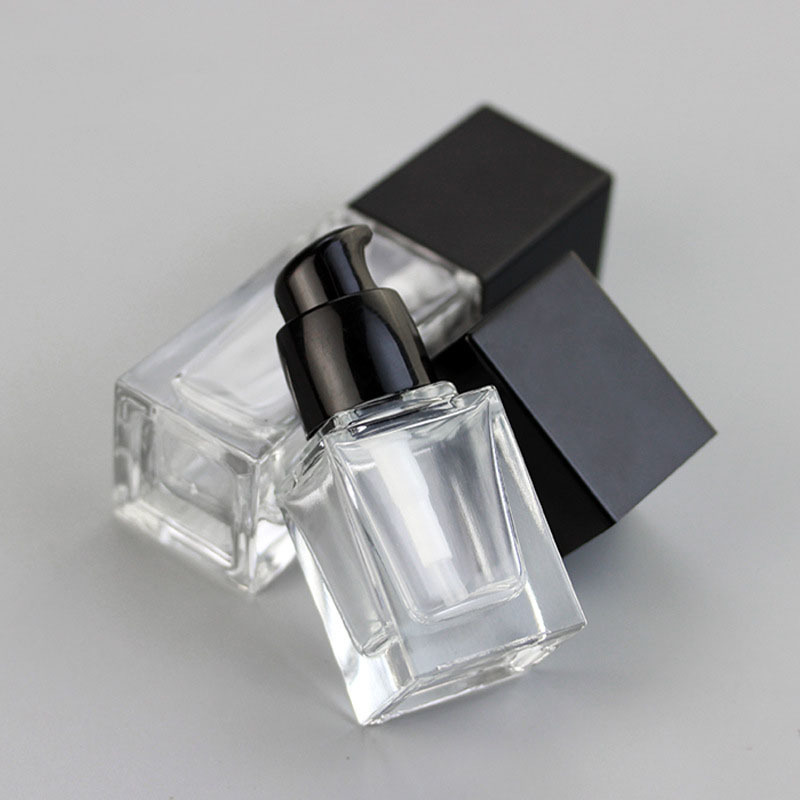 Wholesale Packaging 30ml 40ml square clear Empty Lotion Foundation Glass Cosmetic Bottle With Pump
