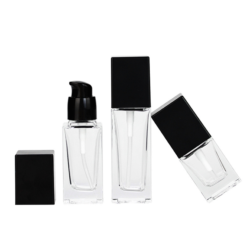 Wholesale Packaging 30ml 40ml square clear Empty Lotion Foundation Glass Cosmetic Bottle With Pump