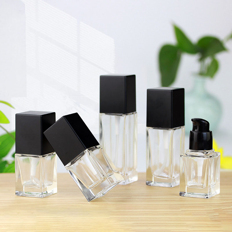 Wholesale Packaging 30ml 40ml square clear Empty Lotion Foundation Glass Cosmetic Bottle With Pump