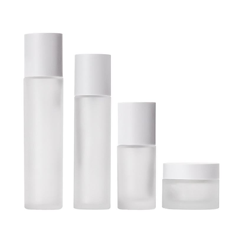 Luxury Design Custom Skincare Packaging 50g/50ml/100ml/120ml Clear Frosted Glass Cosmetic Set Hydrosol Cream Cylinder White Lid