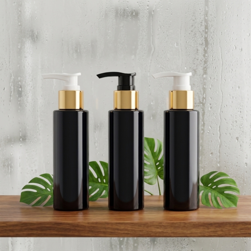 100ml Black Glossy Flat Shoulder PET Lotion Pump Bottle with Gold Aluminum Collar White Black Pump Head for Skincare Cosmetic