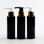 100ml Black Glossy Flat Shoulder PET Lotion Pump Bottle with Gold Aluminum Collar White Black Pump Head for Skincare Cosmetic