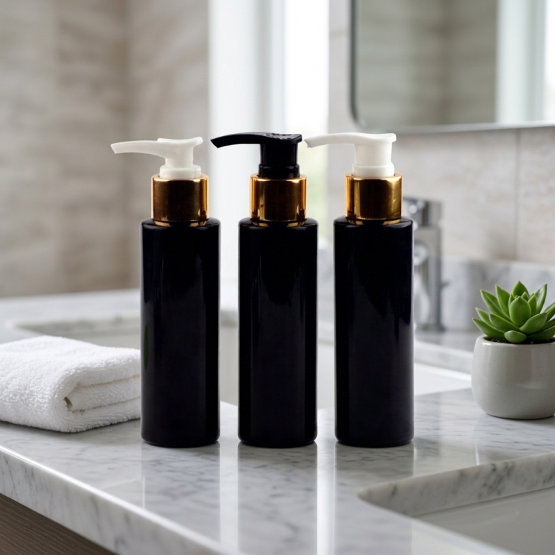 100ml Black Glossy Flat Shoulder PET Lotion Pump Bottle with Gold Aluminum Collar White Black Pump Head for Skincare Cosmetic