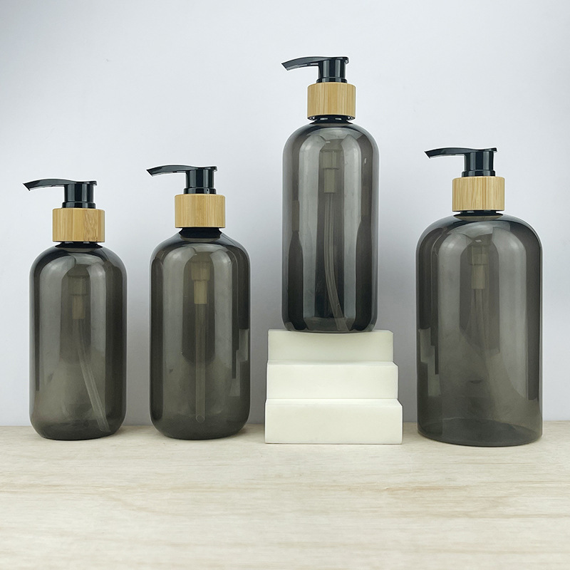 Wholesale 250ml 300ml 350ml 500ml PET Plastic Cosmetic Pump Bottles Bamboo Cap for Shampoo Conditioner Personal Care Products