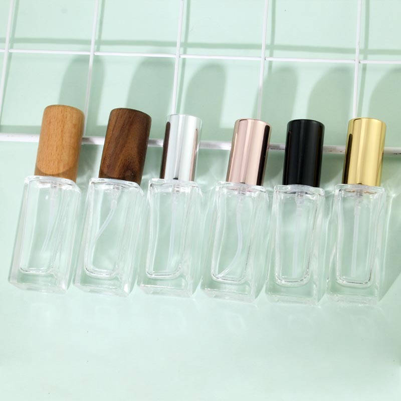 Luxury Custom 10ml Square Perfume Bottles Wood Cap Private Label Screw Seal Sprayers for Designer Brands for Skin Care Serum