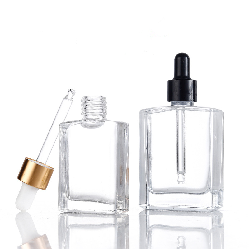 Empty Cosmetic Packaging 15ml 30ml 50ml 100ml Flat Square Shape Serum Glass Dropper Bottles