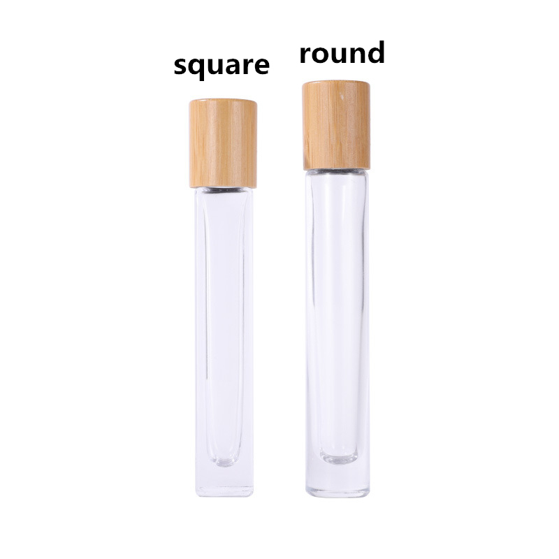 10ml Cosmetic square and Round Shape Roll on Glass Bottles with Bamboo Lids