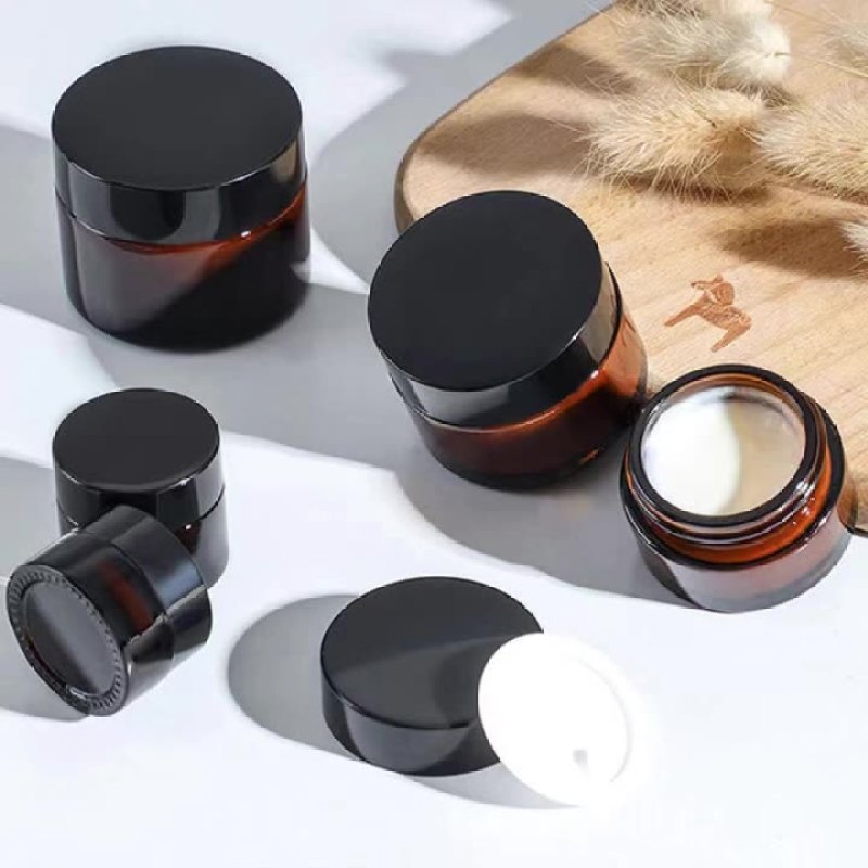 Black Lid Cosmetic Skincare 30g Empty Body Butter Jars 1 oz Cream Amber Glass Jar with Lids