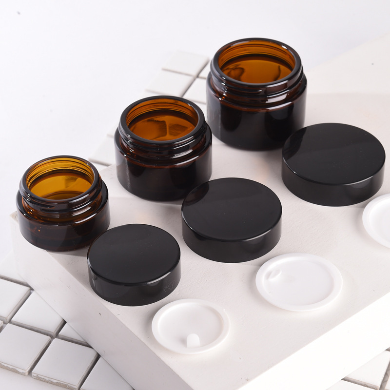 Black Lid Cosmetic Skincare 30g Empty Body Butter Jars 1 oz Cream Amber Glass Jar with Lids