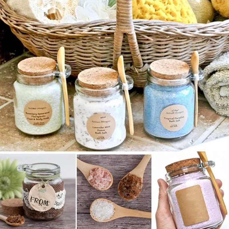 Cork Top Glass Jar Round Fashion Glass Bath Salt Jar with Cork Lid Cap and Wooden Spoon
