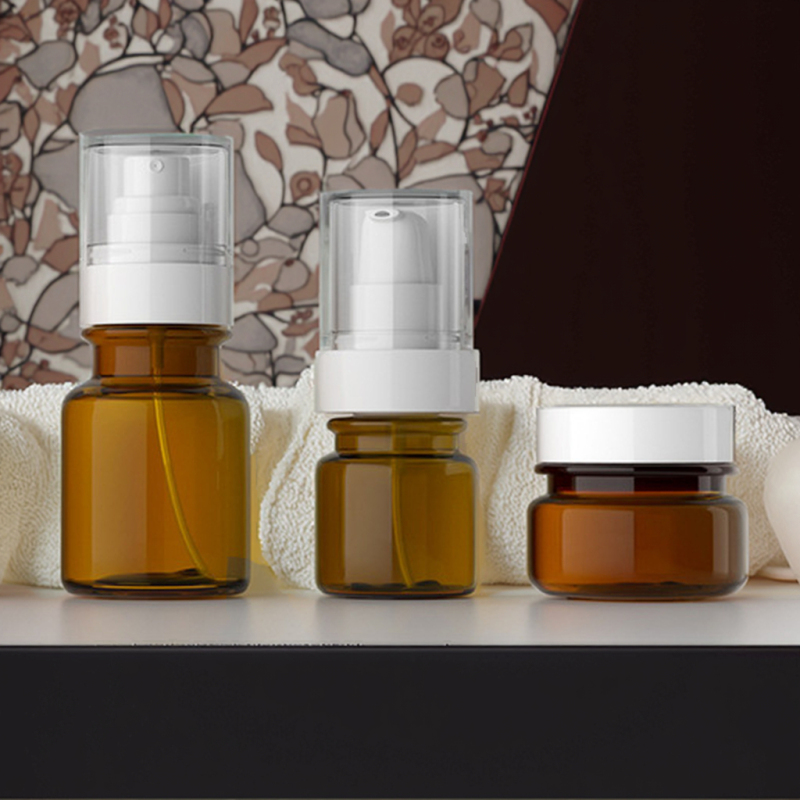Amber Plastic Lotion Pump Bottle with Sprayer for Skin Care Cream and Serum Hot Stamping Surface for Cosmetics