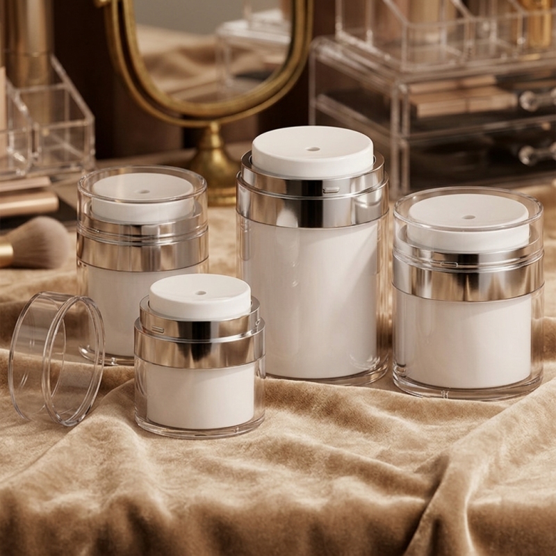 Wholesale 50ml Empty Airless Pump Cream Jar Clear Body White Inner Acrylic Vacuum Container Silver Trim