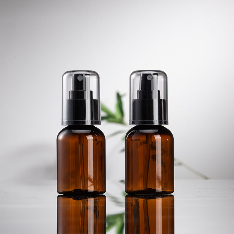 Amber Plastic Spray Bottle Lotion Round Shoulder 50ml Skin Care Lotion Bottle Luxury Brown Full Cover Cosmetic Bottle with Pump