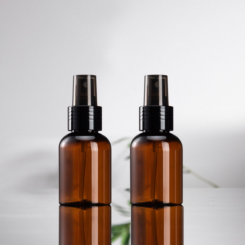 Amber Plastic Spray Bottle Lotion Round Shoulder 50ml Skin Care Lotion Bottle Luxury Brown Full Cover Cosmetic Bottle with Pump