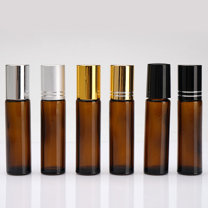 Empty 10ml Amber Glass Roll-on Essential Oils Perfume and Skin Care Cream Bottle with Screw Cap and Steel Roller Free Sample