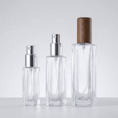 Wholesale Small Square Glass Perfume Bottle with Wooden Cap Refillable Empty Bottle for Essential Oil and Cosmetic Packaging