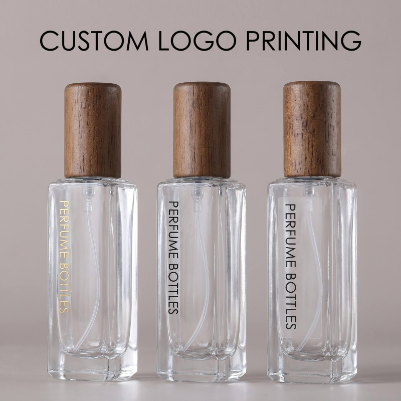 Wholesale Small Square Glass Perfume Bottle with Wooden Cap Refillable Empty Bottle for Essential Oil and Cosmetic Packaging
